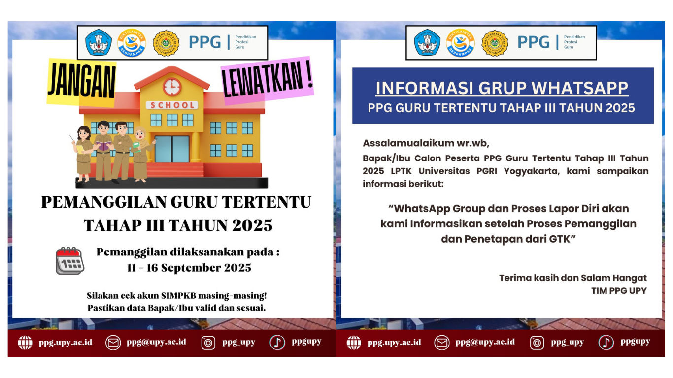 Pemanggilan dilaksanakan pada 11 - 16 September 2025. Silahkan cek akun SIMPKB masing-masing! Pastikan data Bapak/Ibu valid dan sesuai.