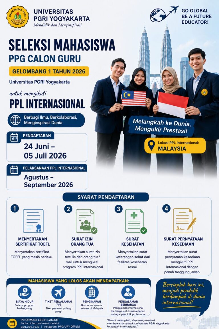 Poster Seleksi Mahasiswa PPG Calon Guru Gelombang 1 Universitas PGRI Yogyakarta untuk Program PPL Internasional Malaysia Tahun 2026.