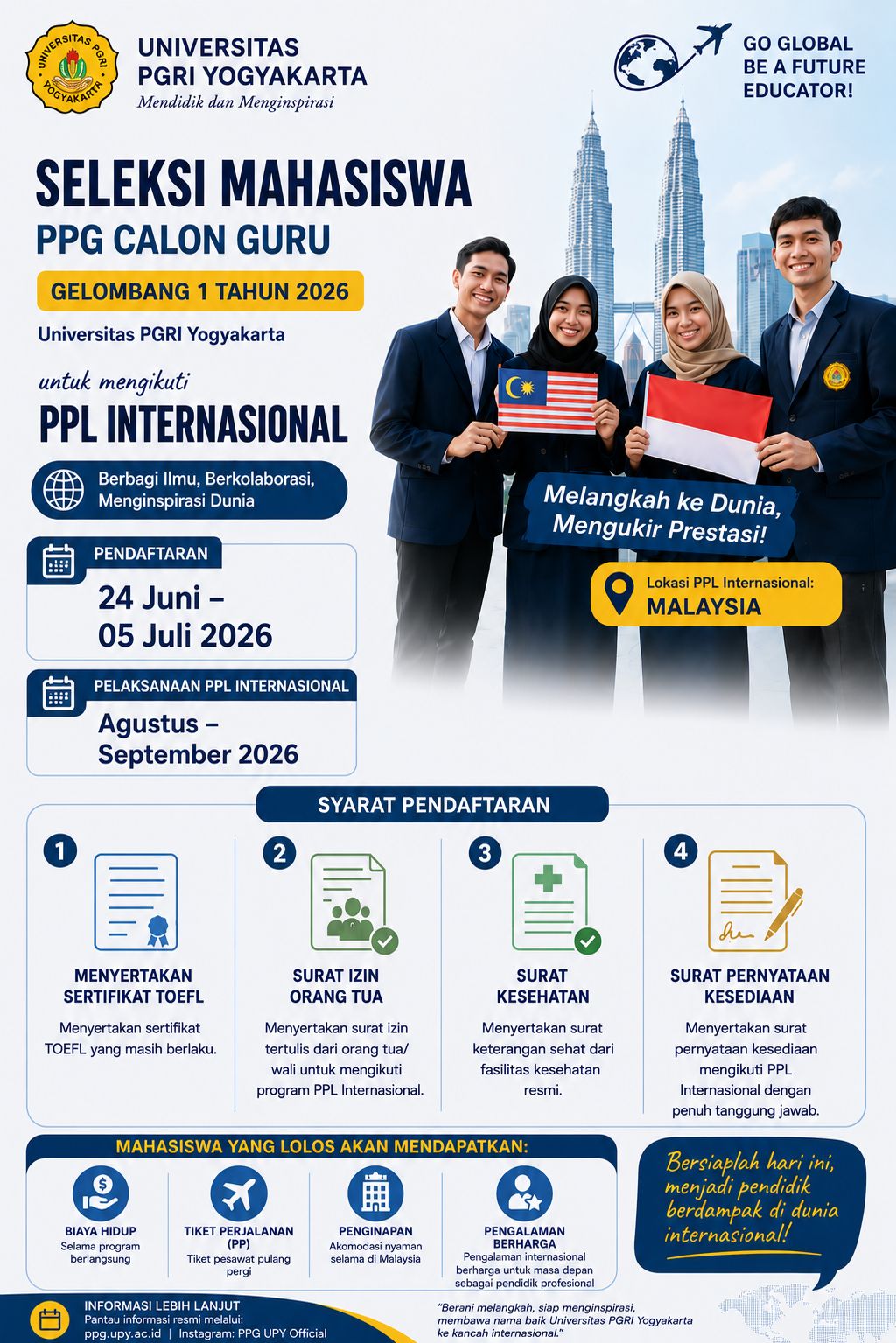 Poster Seleksi Mahasiswa PPG Calon Guru Gelombang 1 Universitas PGRI Yogyakarta untuk Program PPL Internasional Malaysia Tahun 2026.